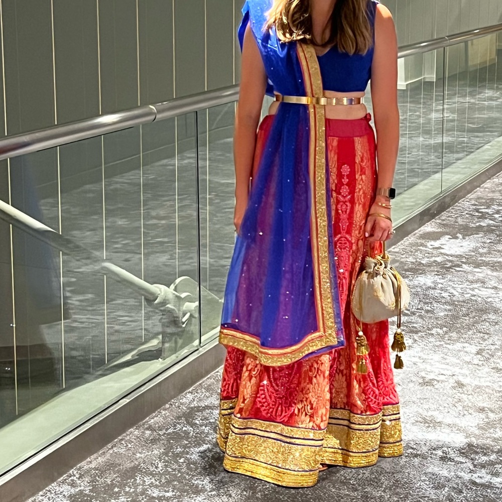 Traditional Lehenga Choli, orange & blue dress. Prom, black tie or sangeet